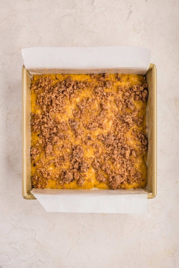 sprinkle of streusel on top of coffee cake batter.