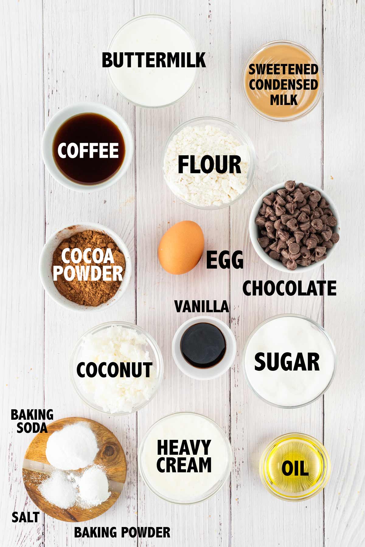 overhead view of ingredients used to make chocolate coconut cupcakes.