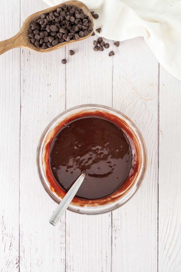 smooth chocolate ganache in a mixing bowl.