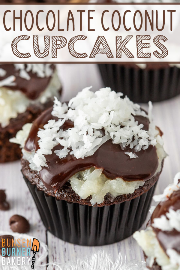 Moist chocolate cupcakes topped with a thick layer of sweet, chewy coconut and rich chocolate ganache. All the flavors of a Mounds candy bar in cupcake form!
