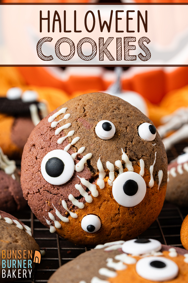 These Halloween Monster Cookies are thick, soft brown sugar cookies made with orange, purple, and black dough, then decorated with candy eyes, white chocolate stitches, and Oreo spiders for an easy Halloween cookie that’s as fun to make as it is to eat.
