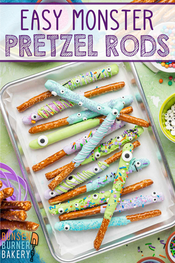 Monster Pretzel Rods are an easy Halloween treat made with pretzel rods dipped in colorful candy coating and decorated with candy eyes, sprinkles, and candy. They’re fun to customize, easy to make ahead, and perfect for Halloween parties, classroom treats, or a kid-friendly decorating project.
