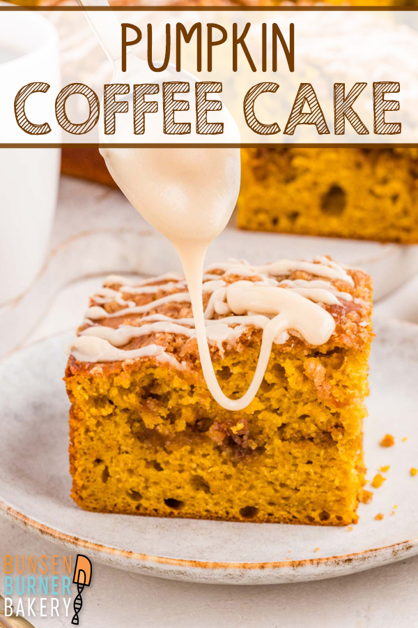 Pumpkin Coffee Cake features a buttery cinnamon streusel layered through the middle and sprinkled on top, finished with a sweet maple glaze. Perfect for fall breakfasts, brunches, or dessert!
